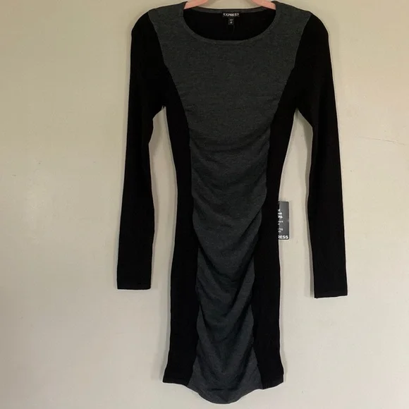 Express Dresses Express Ruched Sweater Dress Black Grey Xs
